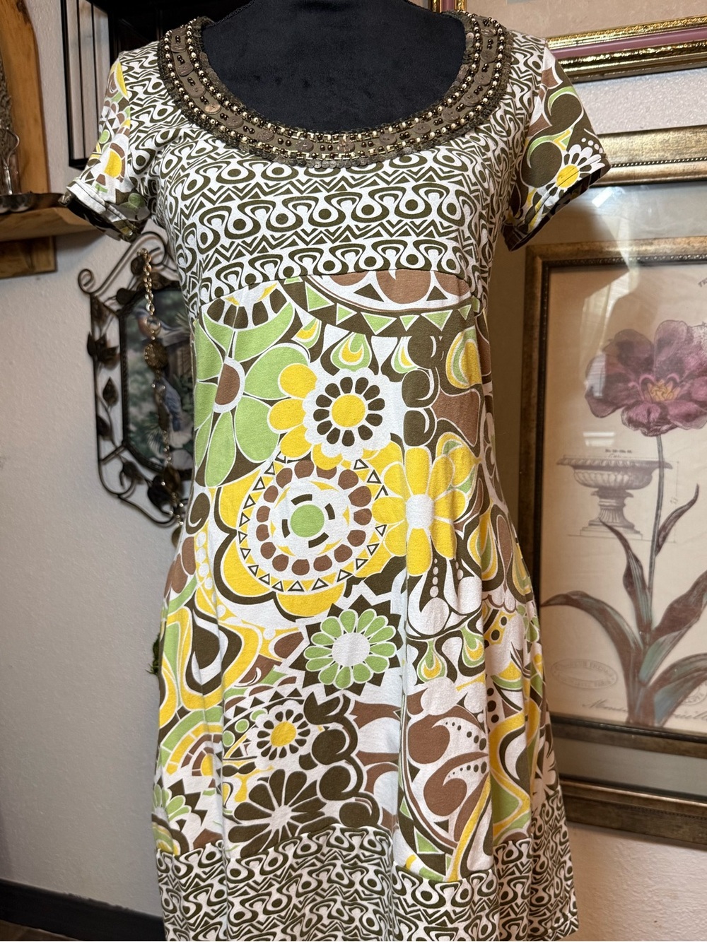 Joyous & Free Y2K Boho 70s Psychedelic Floral Beaded Empire Dress •Size S•